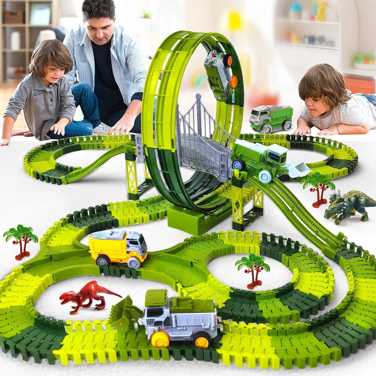 Dinosaur Toy Race Track Featuring Flexible Tracks Electric Cars Magic Climbing Flexible Rail Car Educational Puzzle Toy for Kids