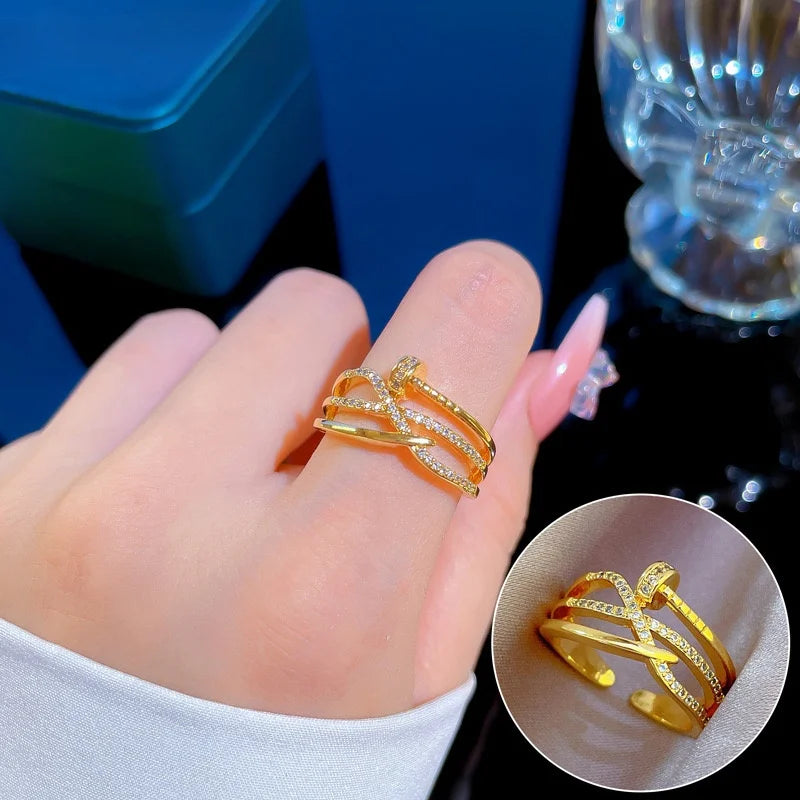 Classic Fashion Couple Ring, Copper Zirconia Women's Adjustable Ring, Fashion Gold Metal Crystal Needle Ring