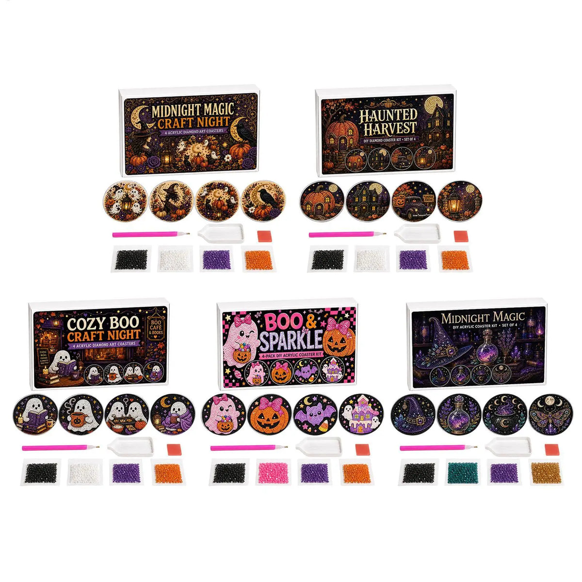 Halloween Pearl Painting Bead Kit DIY Spooky Ghost Witch Acrylic Non-Slip Coaster Making Pearl Art Craft Set for Adults Beginner