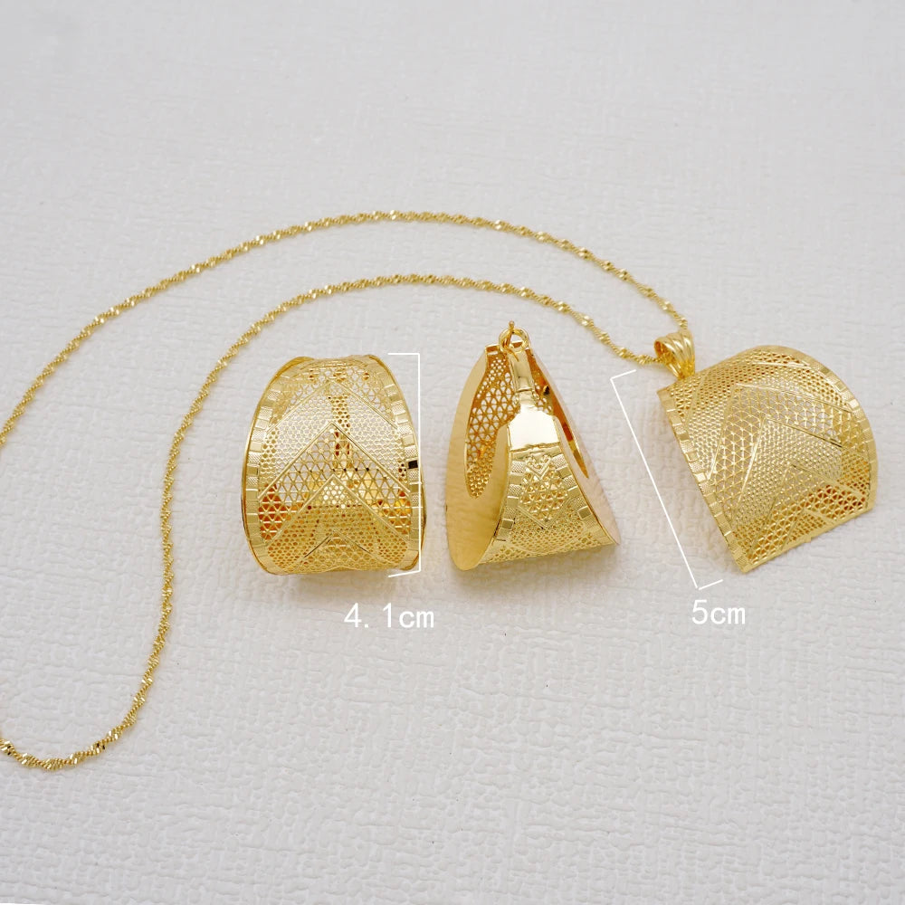 Fashion Dubai Jewelry Sets Gold Color Pendant Copper Classic Earrings Necklace For Women Daily Wear Party Anniversary Gifts
