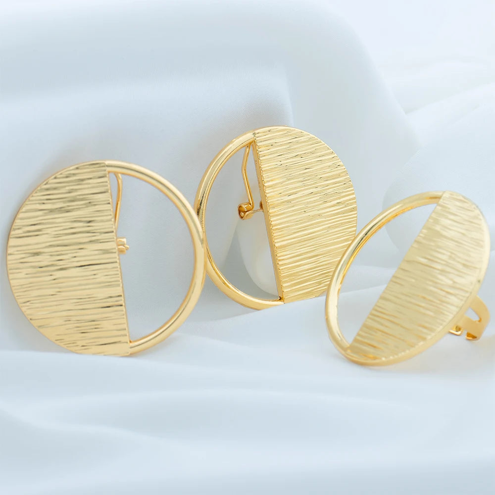 Gold Color Jewelry Set For Women Dubai Round Earrings Adjustable Ring Nigeria Bridal Jewelry Accessories Wedding Bracelet Party