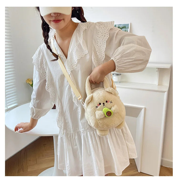 New Rabbit Kitten Plush Toy Backpack Stuffed Animal Rabbit Hold Peach Cat Hold Avocado Portable Shoulder Bag Girl Birthday Gifts