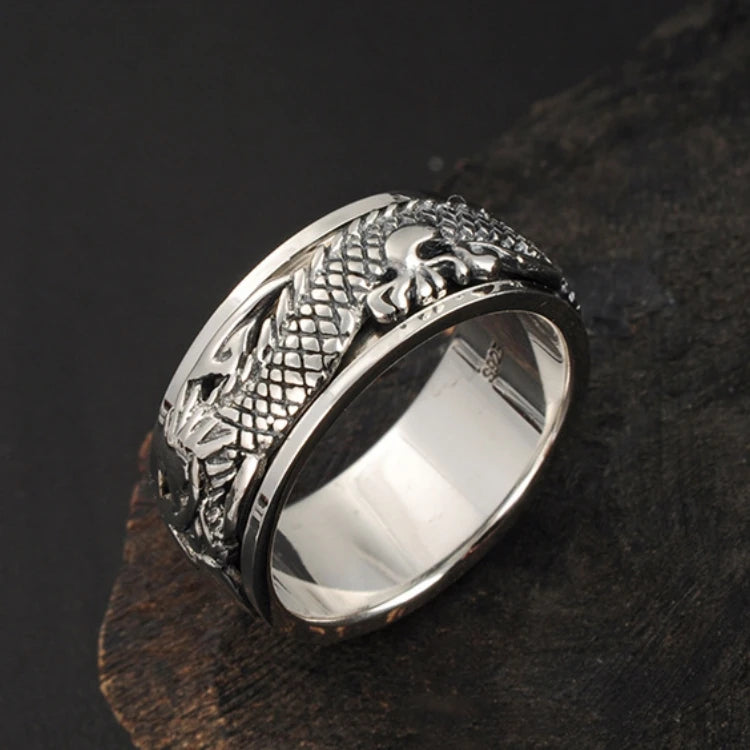 12mm Width Real S925 Sterling Silver Lucky Dragon Double Layer Rotatable Closed Dragon Ring For Man Woman Fiine Jewelry Gift