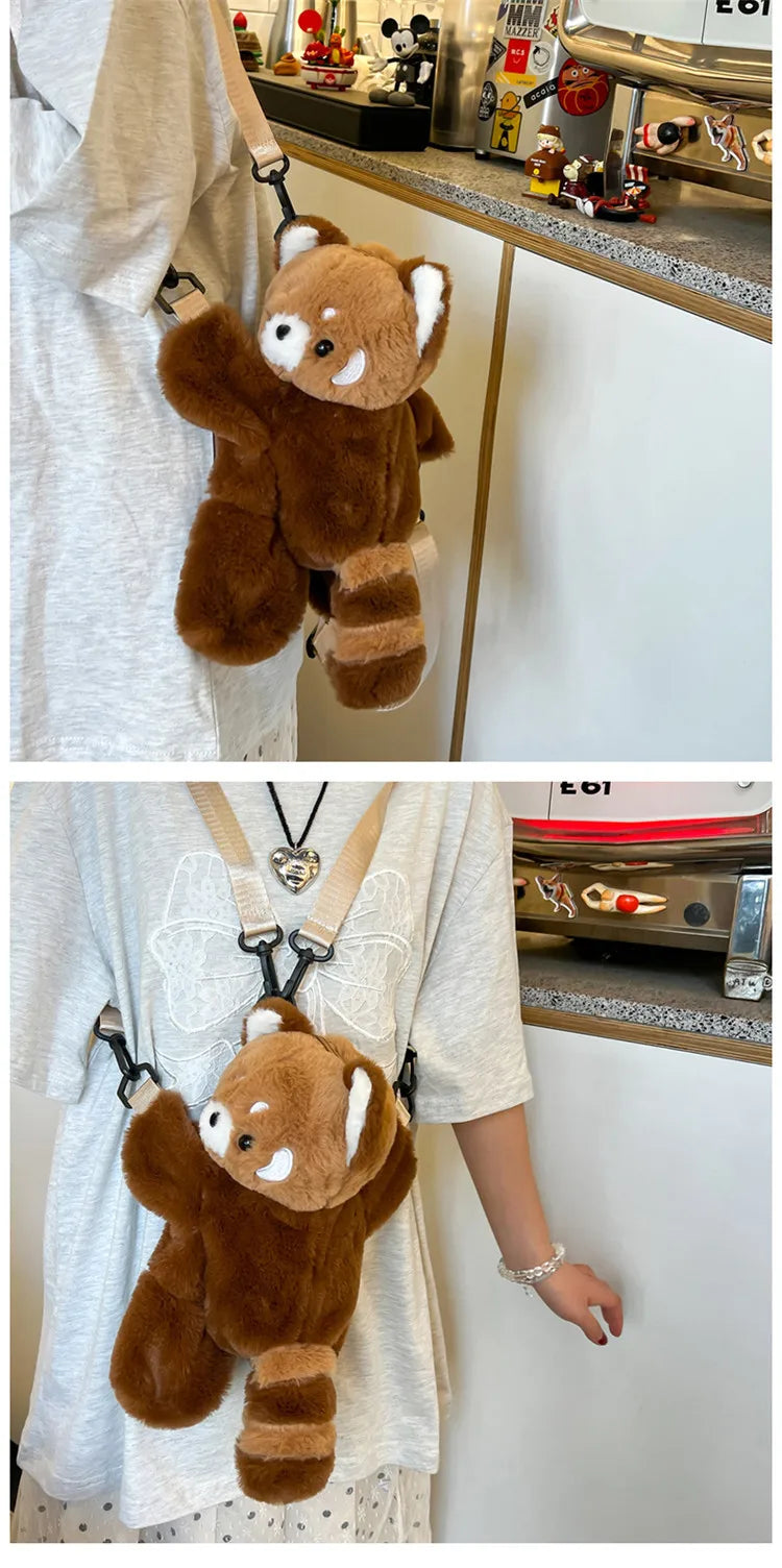 Red Panda Plush Backpack Cute Plushie Doll Women Crossbody Fur Soft Shoulder Bag for Camping Travel Party Female Birthday Gift