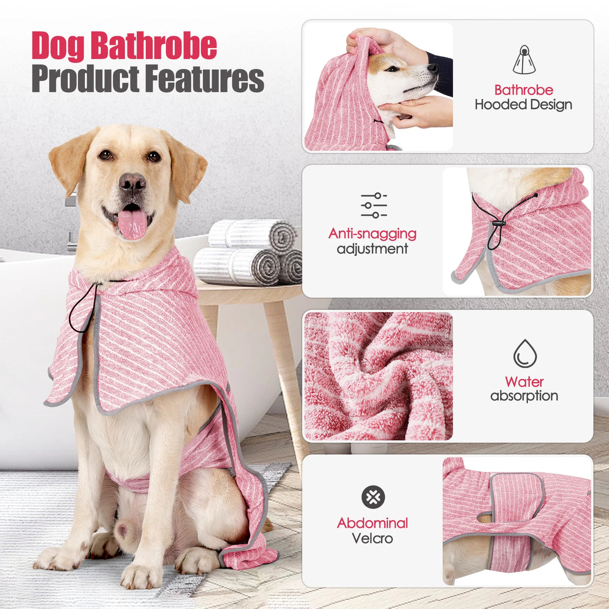 Dog Bathrobe Quick Dry Absorbent Pet Towel Coat Hooded Dog Bath Towel Soft Microfiber Drying Robe for Dogs