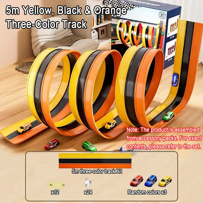 3-Lane Flexible Race Tracks Toy Kid Flex Race Track Vehicle Playsets Compatible 1/64 Cars Portable Roll Up Ramp Tracks Boys Gift