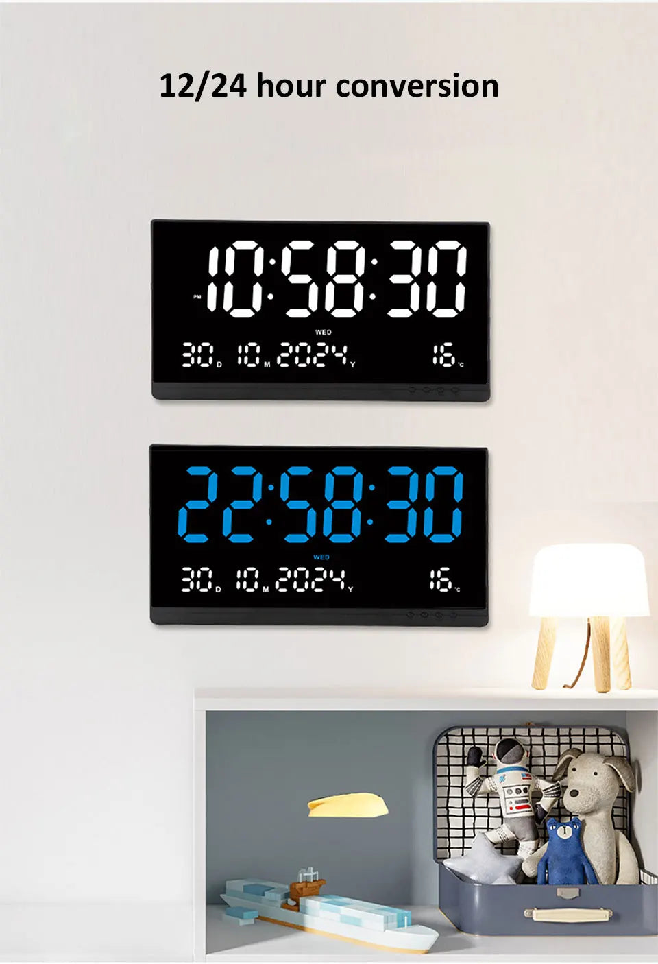 21'' Large Digital Wall Clock Date Calendar 12/24H Time/Date/Week/Temperature Display USB Powered Electronic LED Alarm Clock