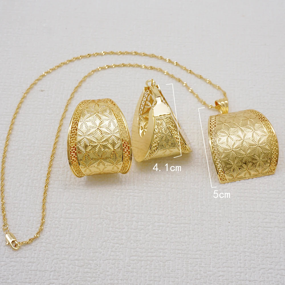 Fashion Dubai Jewelry Sets Gold Color Pendant Copper Classic Earrings Necklace For Women Daily Wear Party Anniversary Gifts