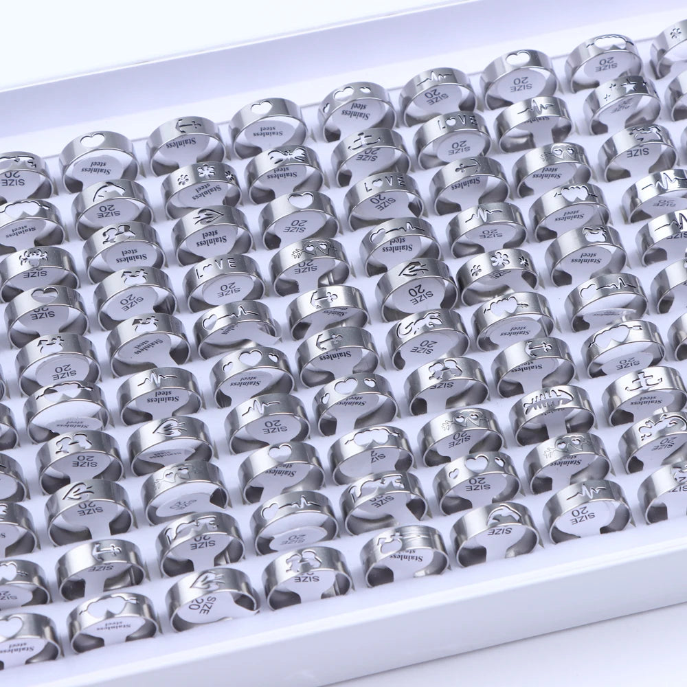 10/20/50/100Pcs/Lot Fashion Stainless Steel Stripe Heart Hollw Rings For Men Women Mix Style Simple Jewelry Party Gifts