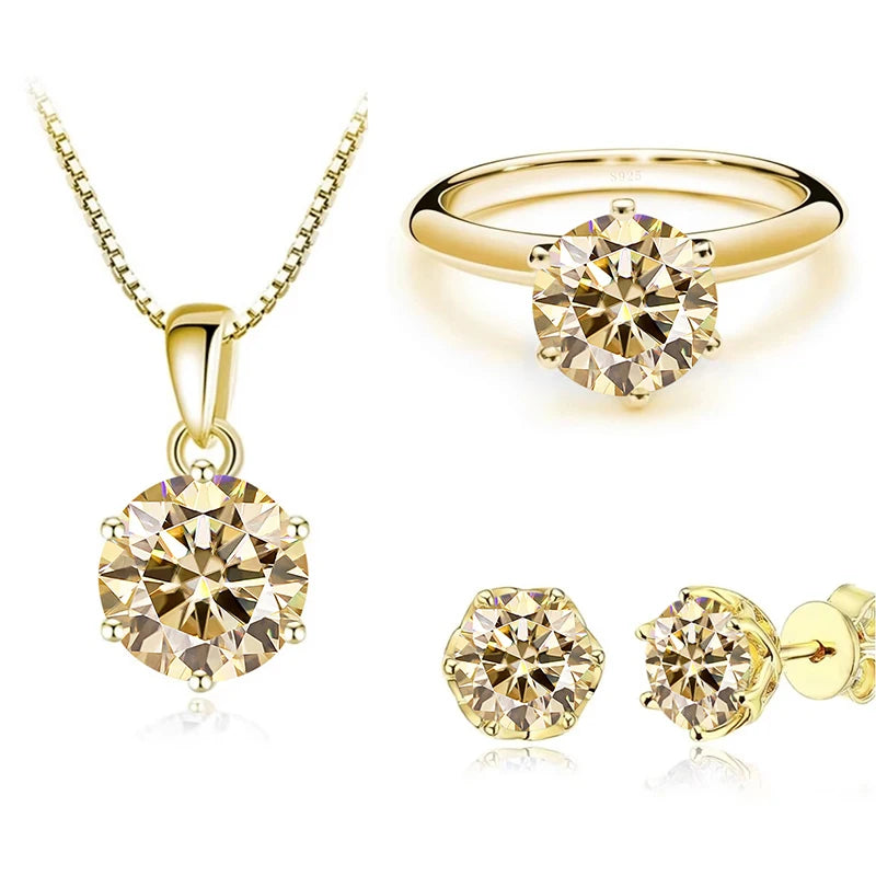 JoyceJelly 1Carat Moissanite Jewelry Set For Women Sterling S925 Silver Gold Plated Necklace Earrings Ring GRA Certified Wedding