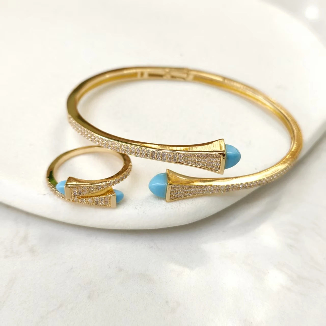 2025 New Cute Women Fashion Bracelet & Ring Set Candy color stone Simple Open Cuff Bangle Ring Arab Middle Eastern Jewelry Set