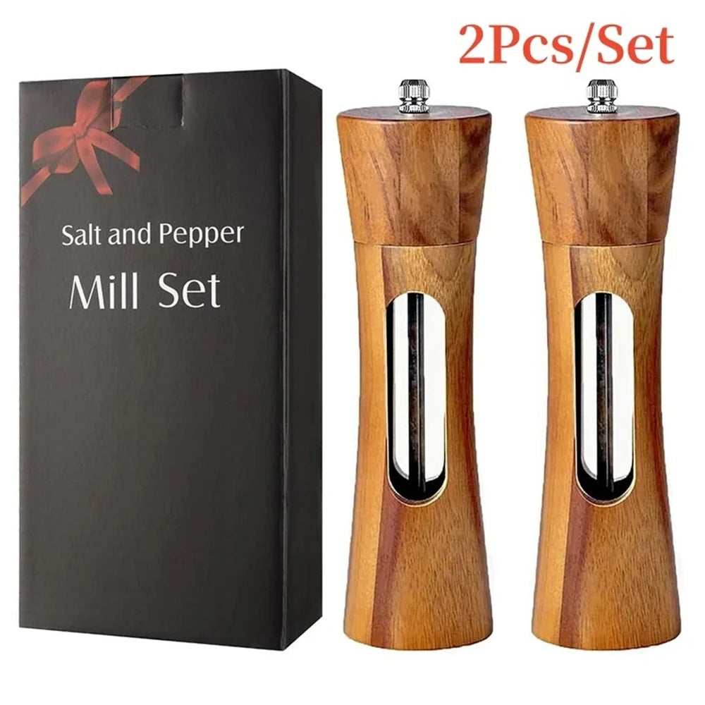 1/2PCS, Wooden Pepper Grinder Salt Pepper Mill Grinding Adjustable Spice Salt Grinder Kitchen Cooking Tools Kitchen Stuff