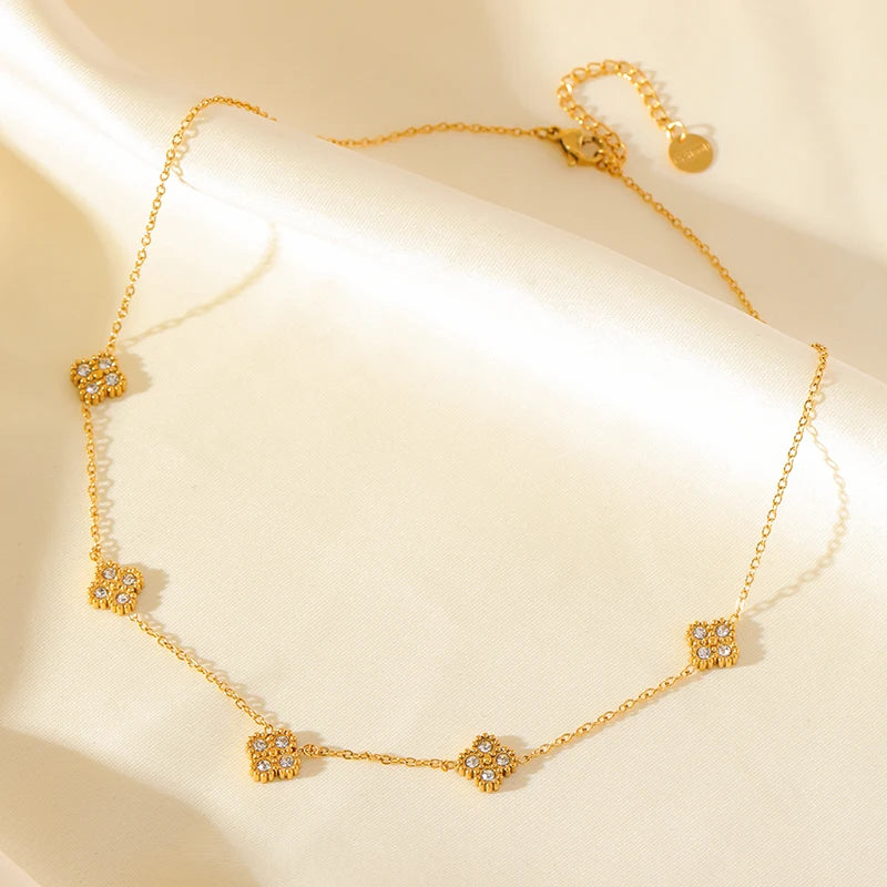 GANEMLY Stainless Steel  Sparkling White Zircon Flower Necklace Bracelet Earrings Set For Women Trendy Waterproof Jewelry Gift