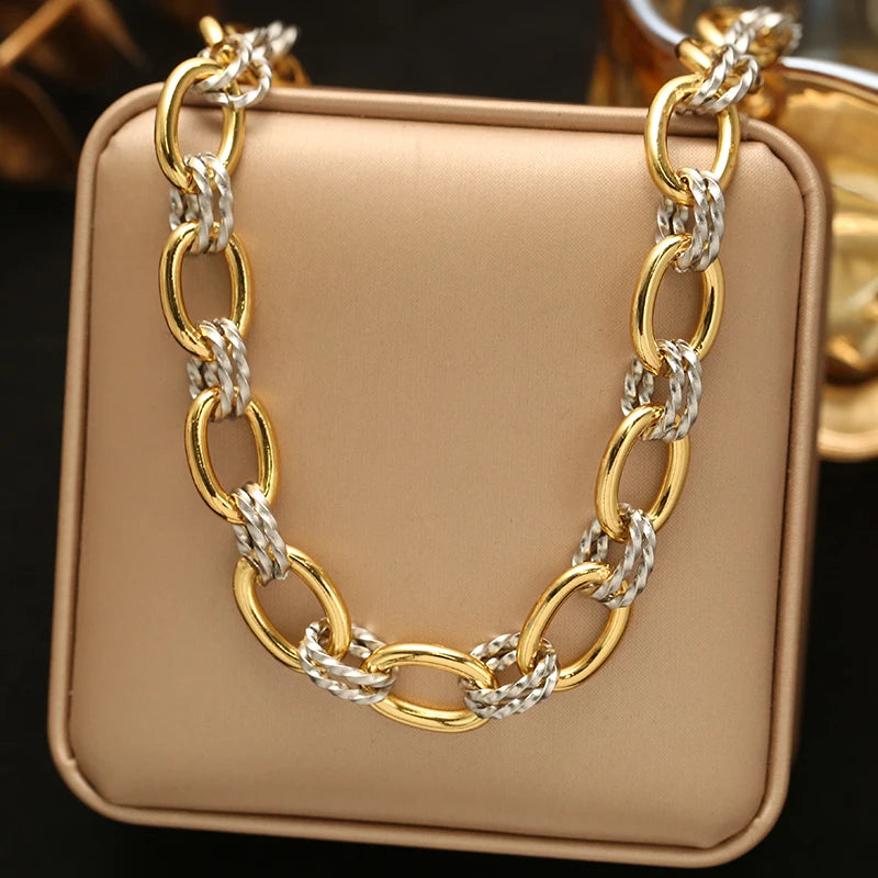 EILIECK 316L Stainless Steel Double Color Oval Necklace Bracelet Set For Women Hip-Hop Punk Twists Neck Chain Jewelry Gift