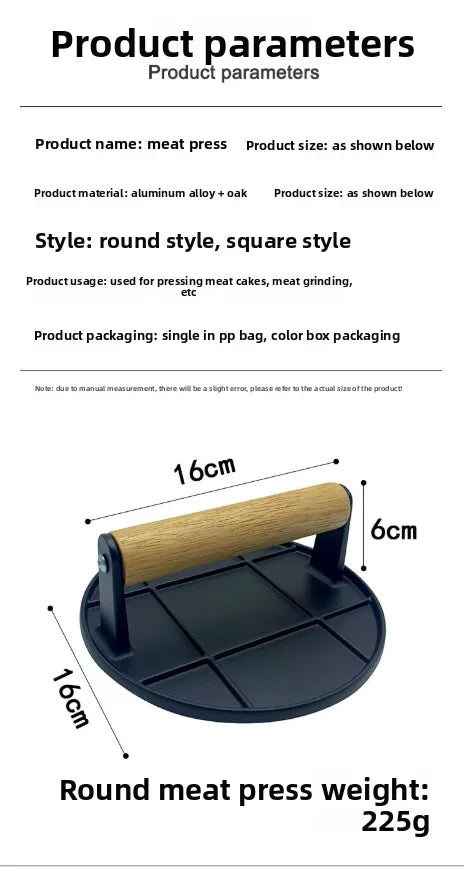 Cast Iron Burger Press Outdoor Non Stick Aluminum Alloy Rotundity Hand Meat Burger Press with Wooden Handle for Home Kitchen BBQ