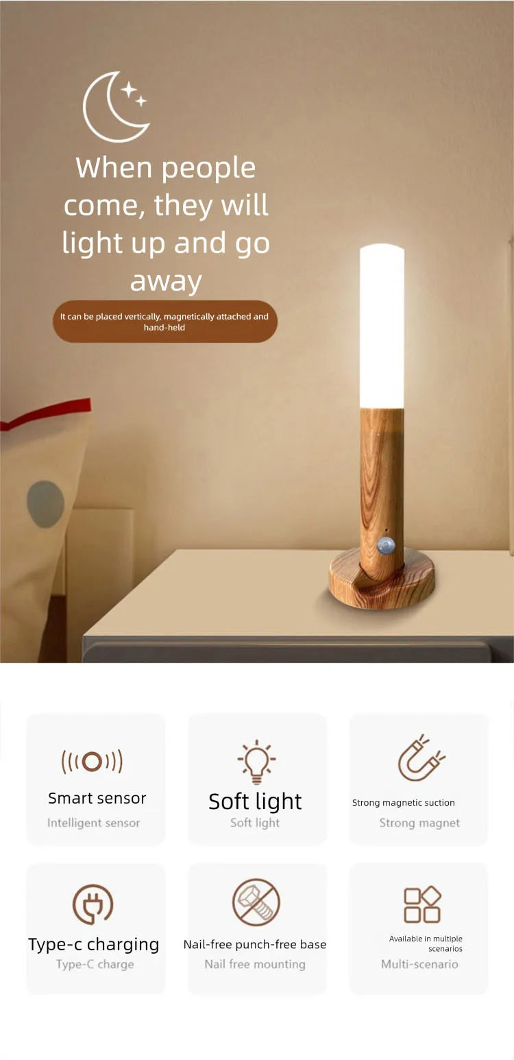 LED Rechargeable Magnetic Wall Lamp Smart Motion Sensor Night Light Portable for Hallway Bedroom Stairs Bathroom Cabinets Decor