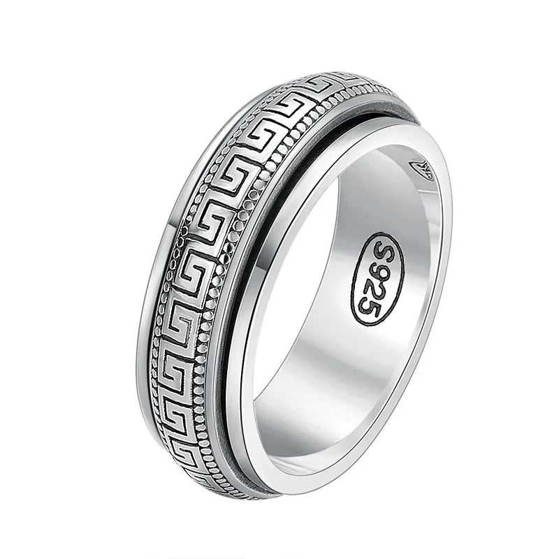 Factory Price S925 Sterling Silver Great Wall Pattern Spinner Ring Men Women Real Silver Double-layer Rotatable Rings Jewelry