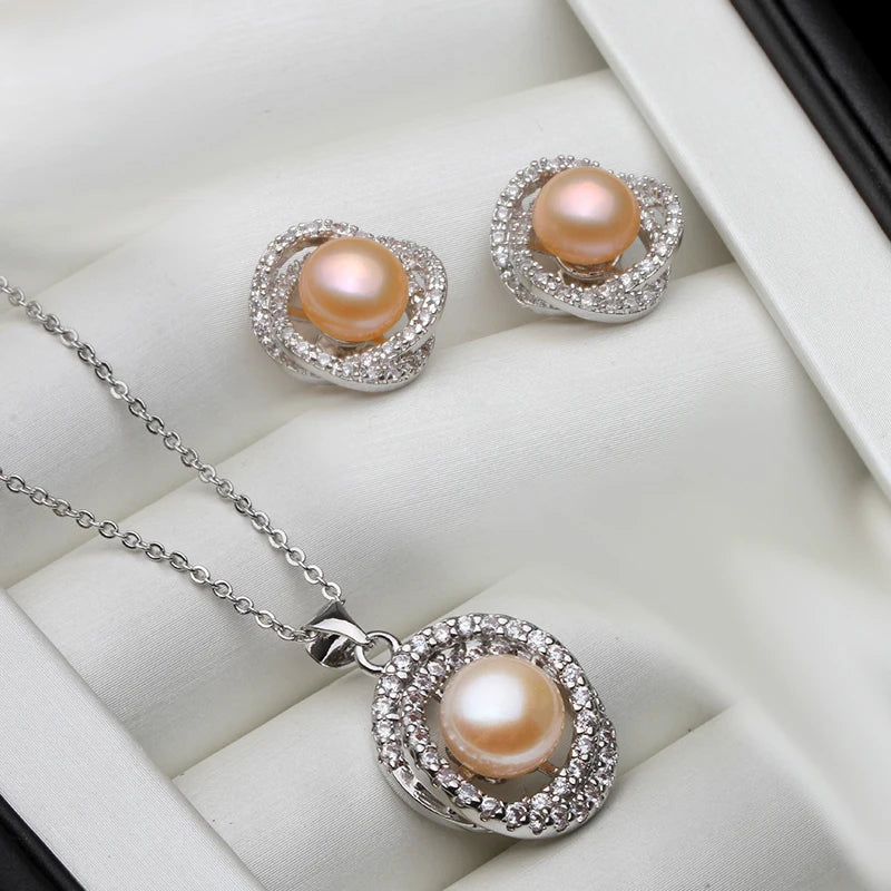 Real Cultured Natural Pearl Necklace Earring Set For Women,Elegant 925 Sterling Silver Pearl Earring Set Wife Anniversary White