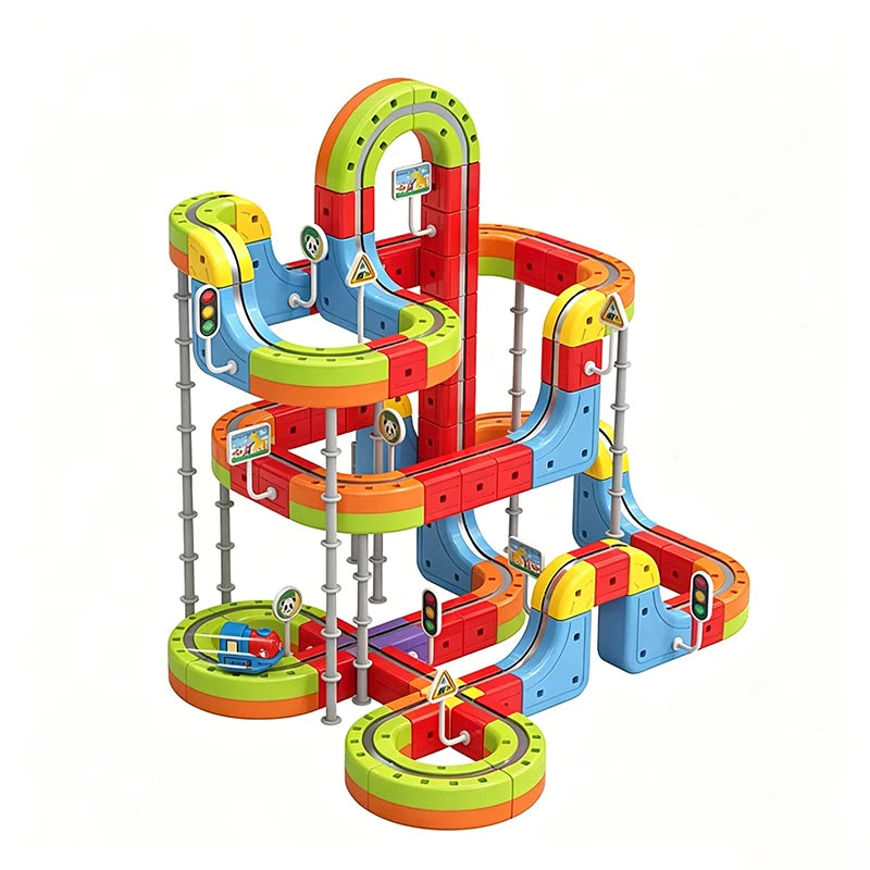DIY Electric Magnetic Track Set with Anti-Gravity Vehicles 100+Pcs STEM Construction Railway Building Blocks Toy Gift for Kids