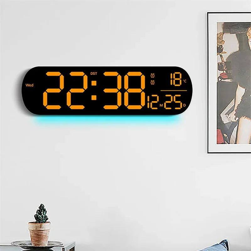 LED Luminous Digital Wall Clock With Remote Control Ambient Lights 14'' Creative RGB Alarm Clock  Date Temp Display  Home Decor