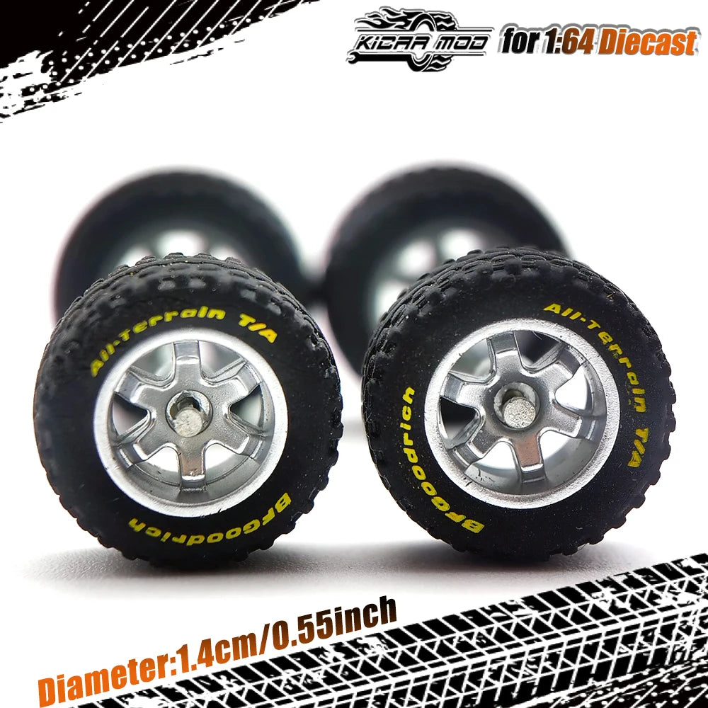 1/64 14mm Rubber Tires Tyre Band Letter & Diecast Car Wheels for 1:64 Off-Road Dedicated to Pickup Trucks, Large Sedan (1 Set)