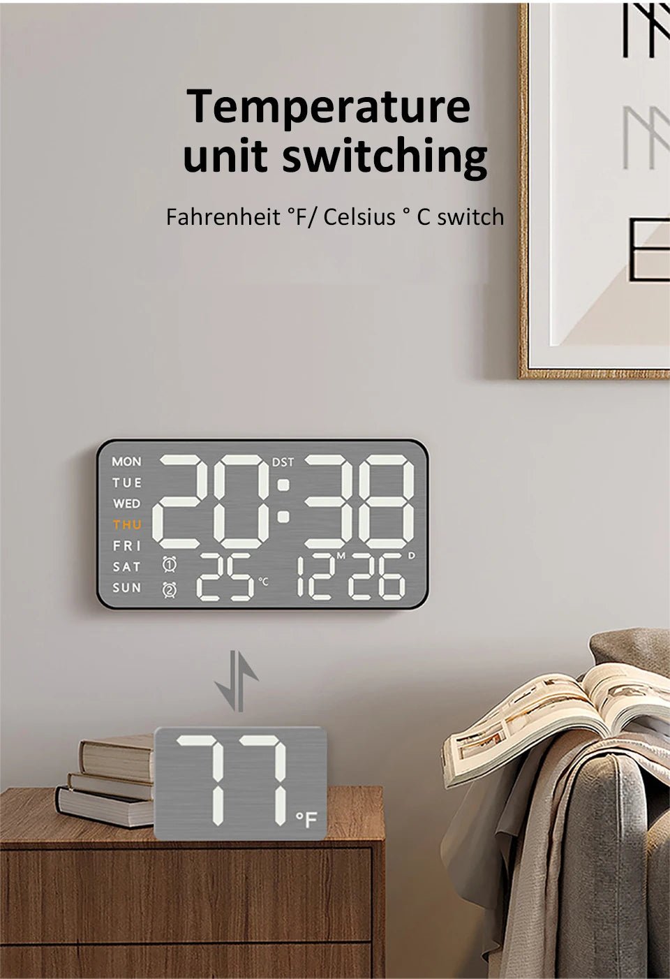 Mirror Brushed Finish Wall Clock Premium Feel Silent Wall Clock Table Alarm Clock Temp Display Bedroom Office Living Room Decor