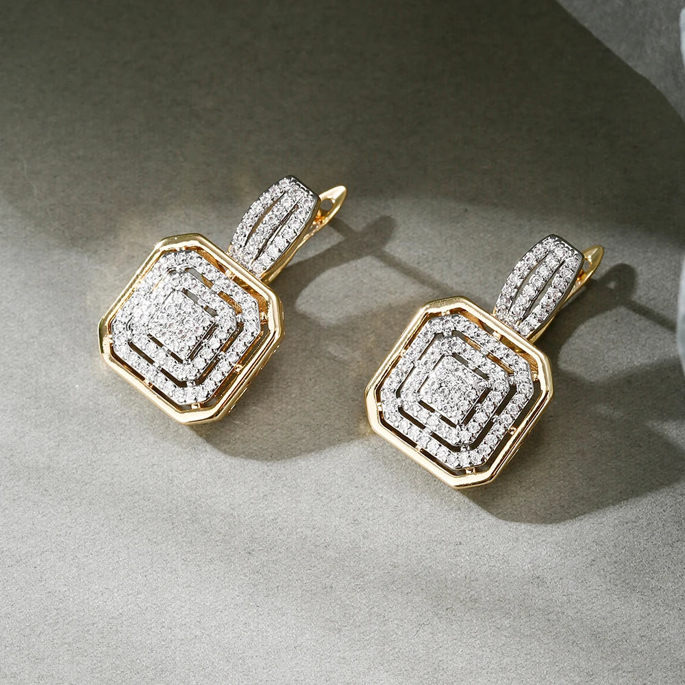 Square hollow design inlaid zircon earrings and ring set retro fashion jewelry copper plated 14K gold banquet holiday decoration
