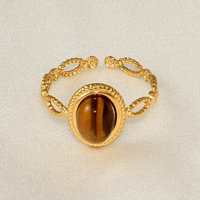 1pcs Classic Tiger Eye Real Stone Open Adjustable Stainless Steel Rings For Women Men Accessories Gold Color Finger Jewelry Ring
