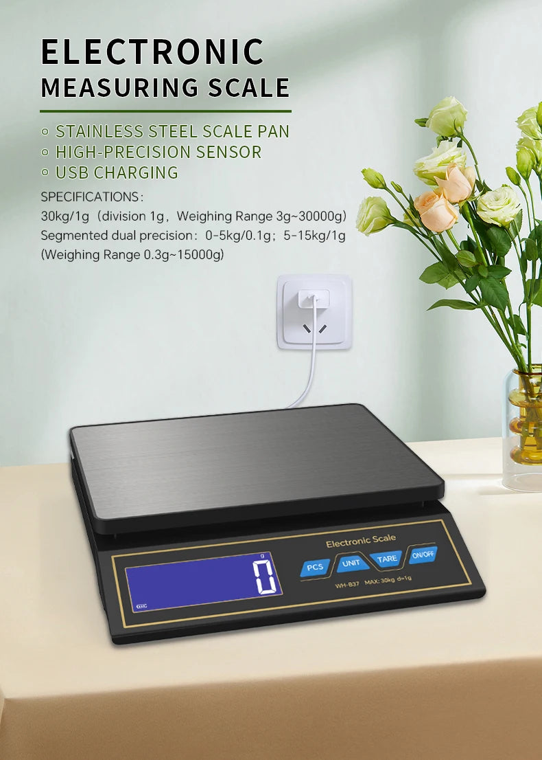 LCD Digital Kitchen Scale 30kg/1g Rechargeable Stainless Steel Panel Electronic Scales Home Jewelry Food Weighing Baking Tools