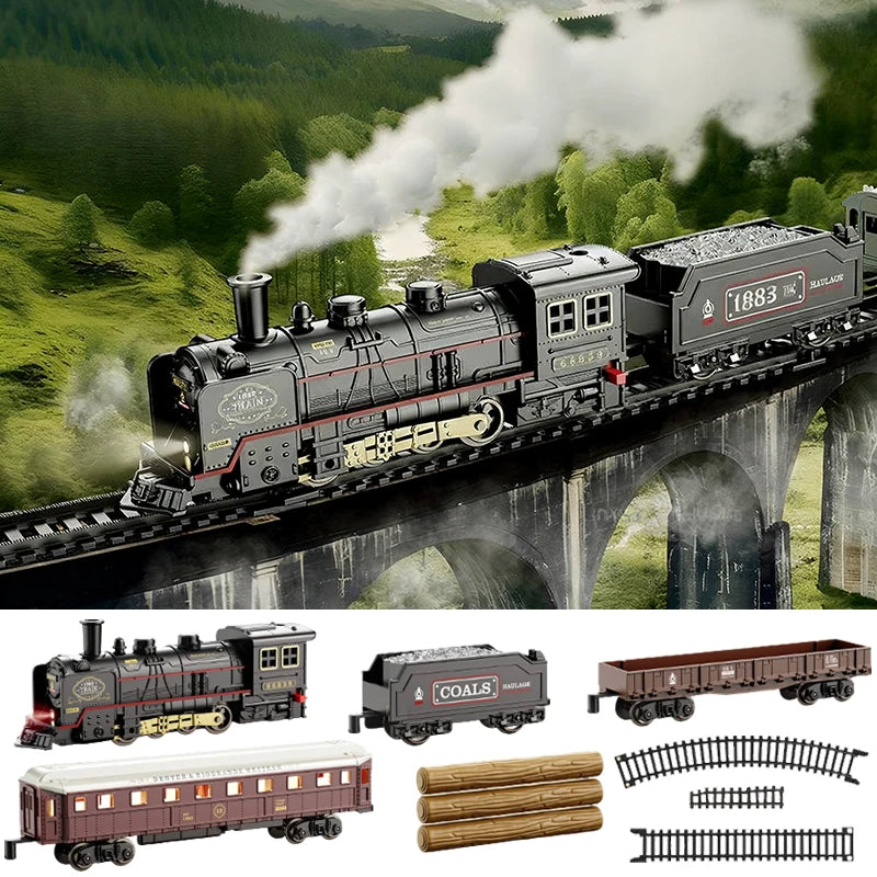 Kids Retro Electric Steam Train Rail Toys Classical Railway Freight Train High-Speed Tracks Train Model Boys Toys Christmas Gift