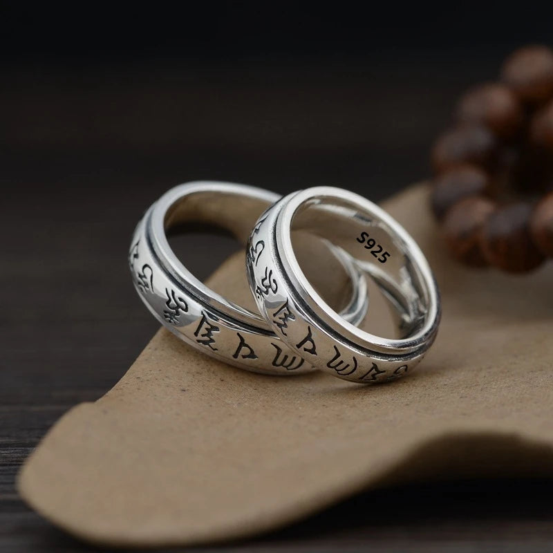 Factory Price S925 Silver Sanskrit Mantra Rotating Men's Ring Literary Simplicity Retro Personality Ring Jewelry Creativity Gift