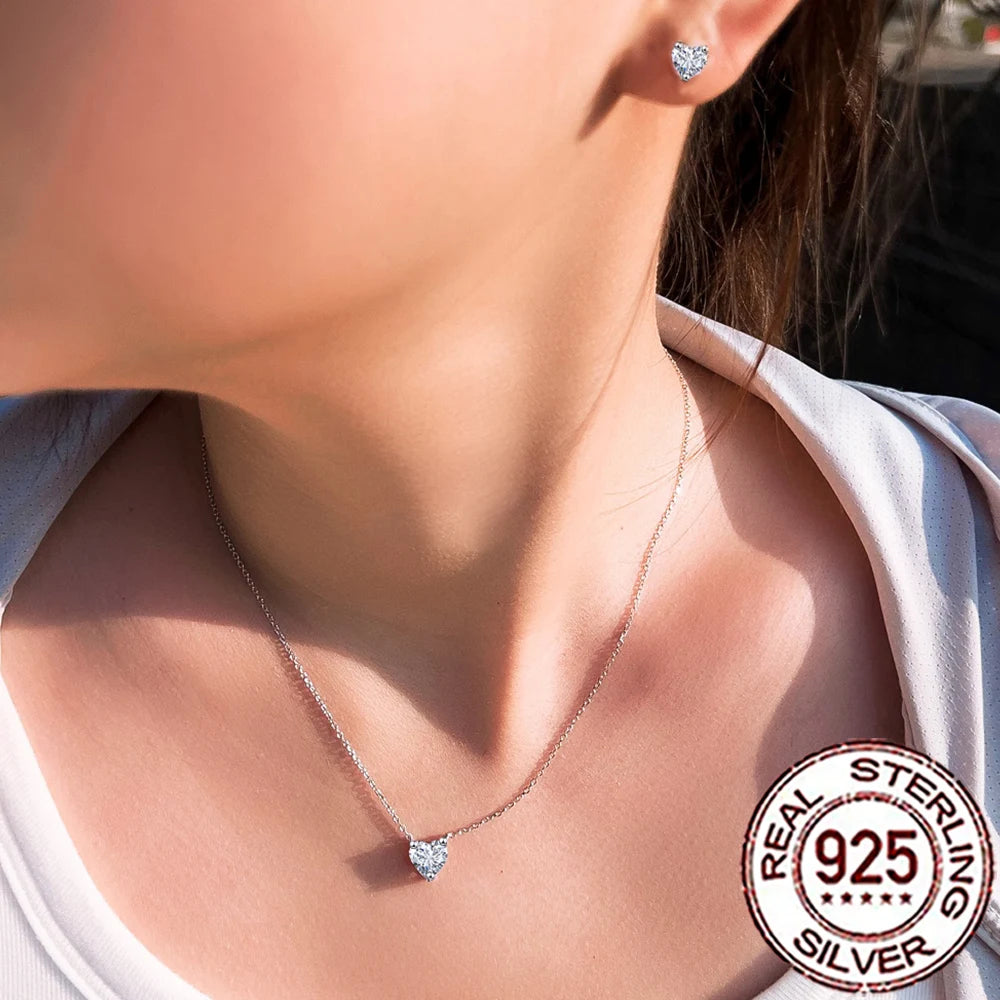 QooLady 925 Sterling Silver Shiny CZ Heart Shape Pendant Necklace Earrings for Women Fine Wedding Party Jewelry Sets Gift ST022