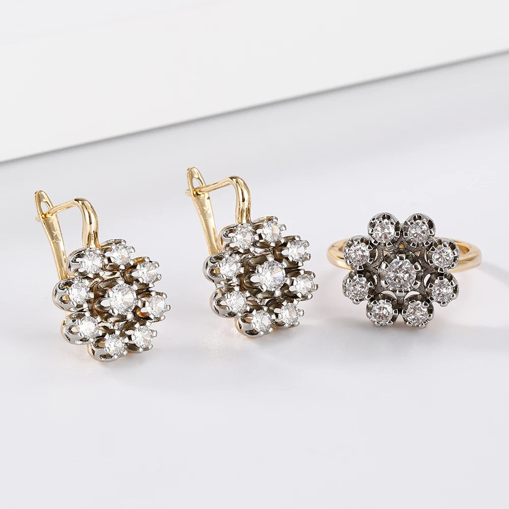 Hollow vintage inlaid zircon two-color earrings ring set copper plated 14K gold fashion jewelry party daily banquet holiday gift