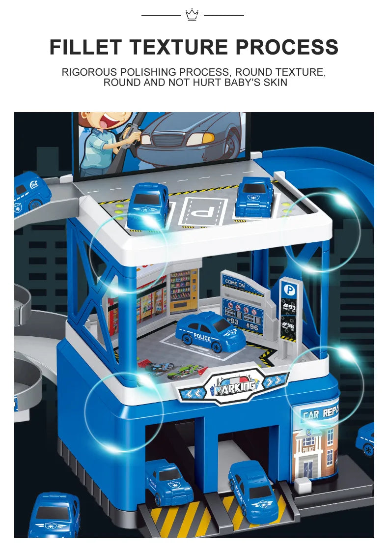 Kids Racing Track with Mini Cars Sliding Parking Lot Toys Multi-Storey Car Parking Fire Police Engineering Vehicle Boy Xmas Gift
