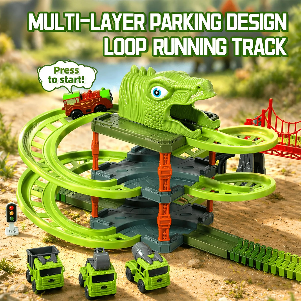 3-Layer Dinosaur Race Track Set with Cars, DIY Flexible Educational Construction Toy Gift for Kids Boys Birthday Christmas