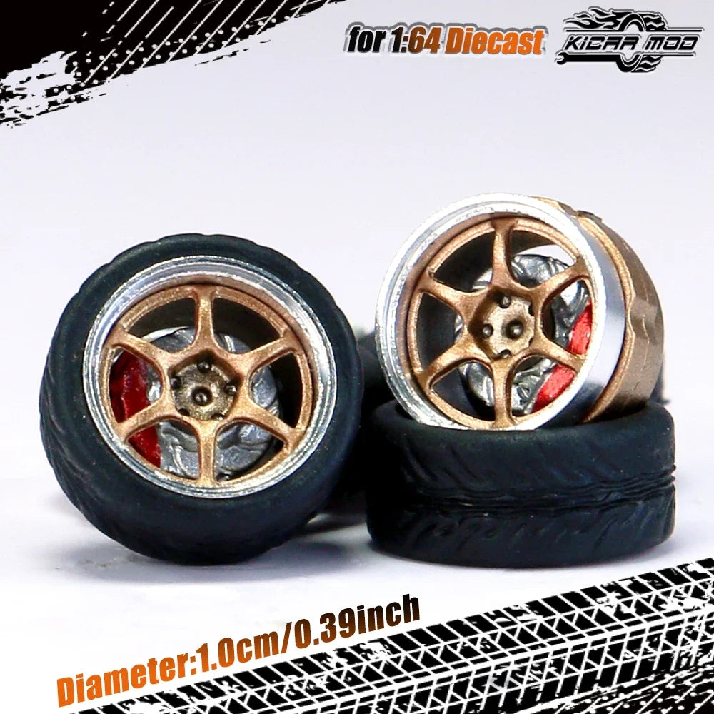 Kicarmod 1/64 Model Car ABS Wheels with Rubber Tire Brake Disc Metal Rims Diameter 10mm Refitting Parts For Model Car