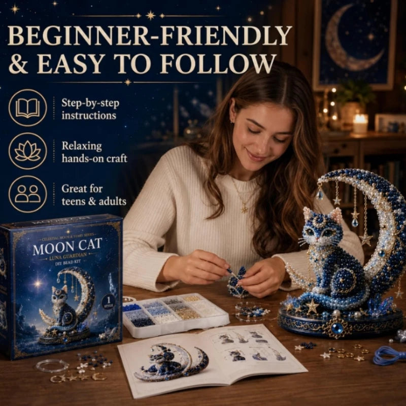 Moon Cat Luna Guardian DIY Bead Kit,Tiny 3D Beaded Luna Guardian Craft Kit, Handmade Magical Cat Kit for Beginner, Home Decor