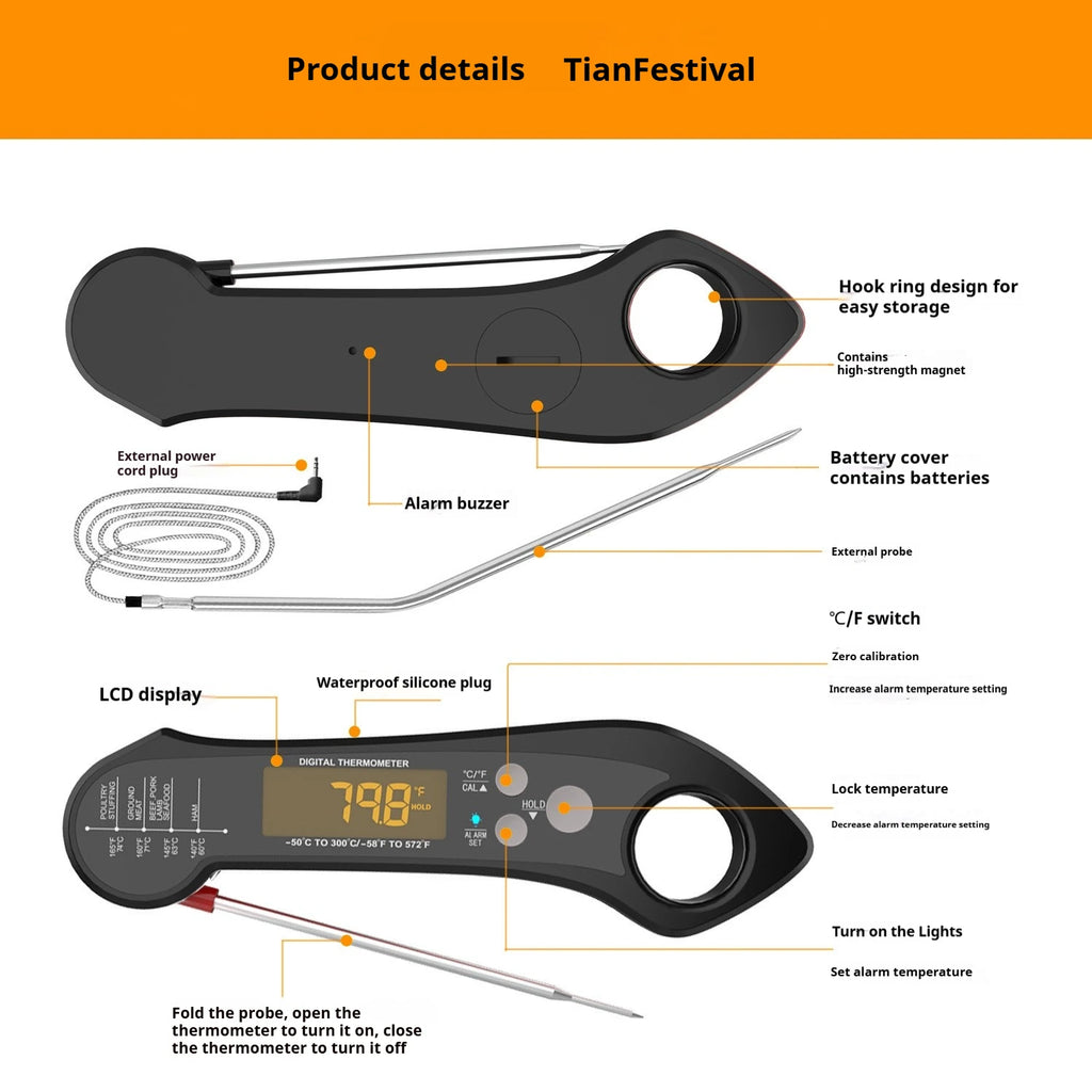 2 In 1 Long Cable Meat Thermometer Digital Waterproof Kitchen Cooking Tools Food Fast Measure Thermometer 2 Probes BBQ Grill Oil