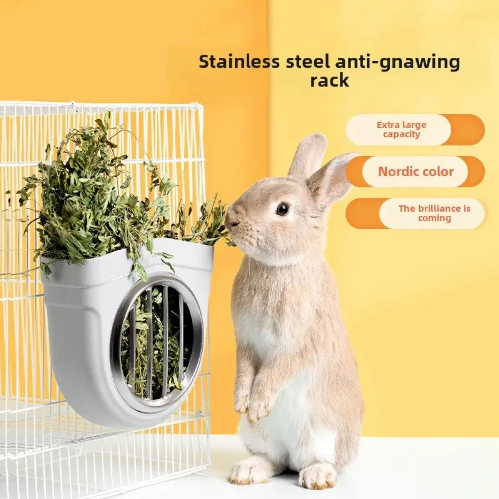 Small Animal Hay Feeder Chew-Proof ABS Stainless Steel Grid Alfalfa Rack for Rabbit Bunny Guinea Pig Chinchilla Cage Hutch Crate