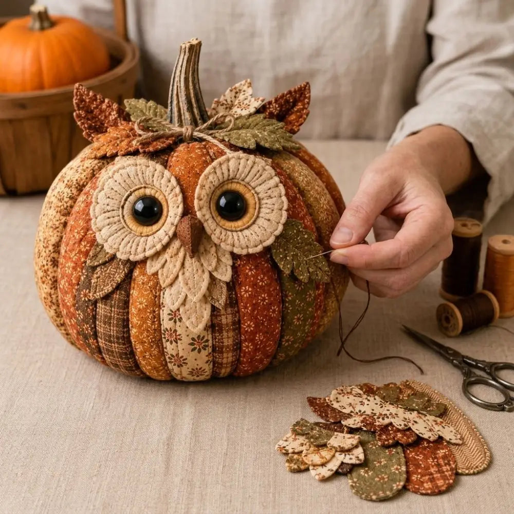 Vintage Style Whimsical Patchwork Pumpkin Fabric Kit Owl Bear Floral Fabric Halloween DIY Sewing Kit Stress Craft Cow Cat