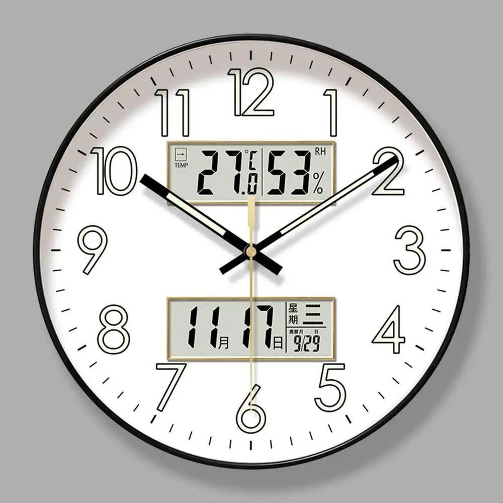 Non Ticking Wall Clock Round Wall Clock Glow In Dark Home Decor Featuring Calendar 10/12/14 Inch Large Digital Display Night