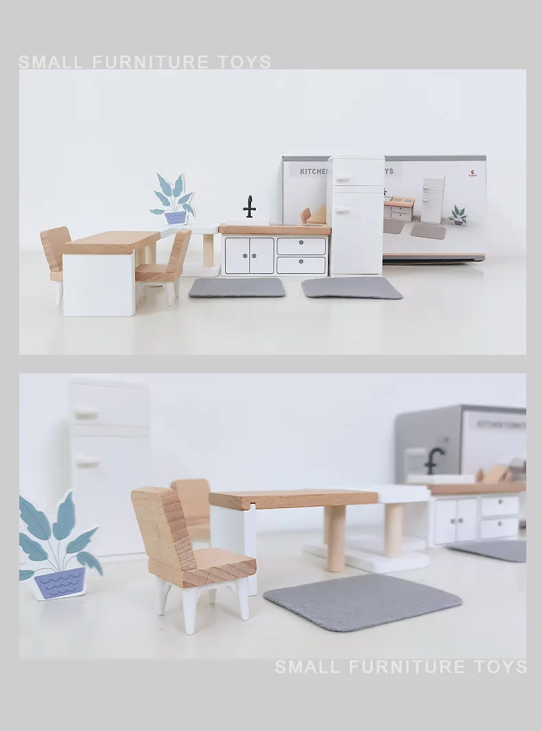 Wooden Play House Toy Set Mini Dollhouse Simulated Furniture Decoration Set Bedroom Kitchen Items Table And Chairs Accessorie