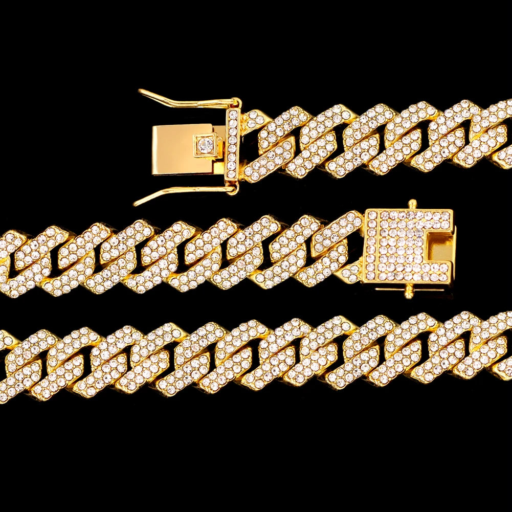 13/14/20MM HipHop Iced Out Chain Cuban Link Chain Necklace For Men Gold Silver Color Rhinestone Pave Men's Birthday Jewelry Gift