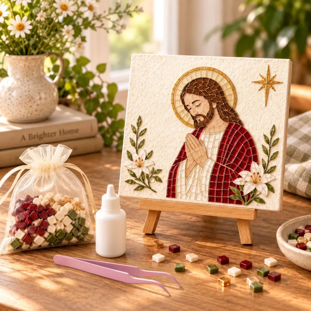 Religious Christmas Mosaic DIY Craft Kit, Glass Mosaic Tile Art Set with Easel, Glue & Tweezers, Kids Adult Handmade Decor Gift