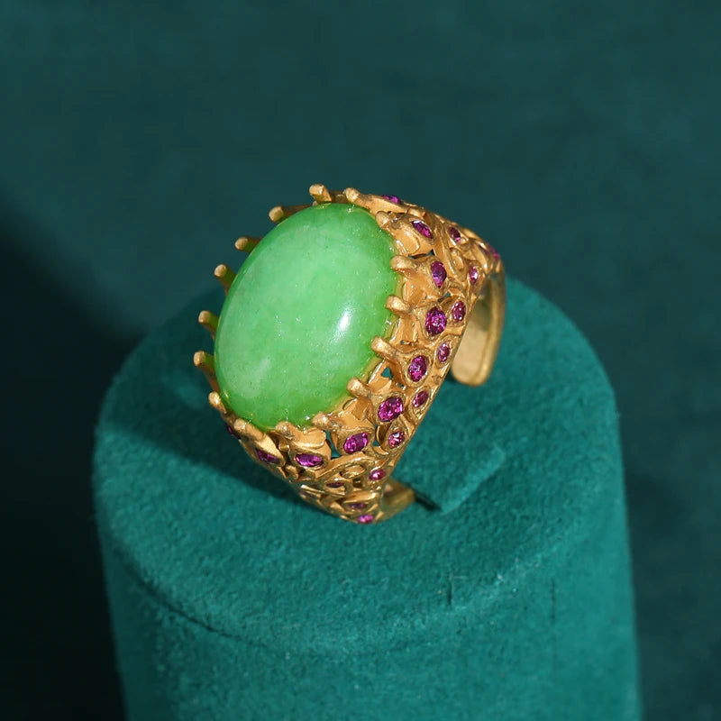 Elegant Vintage Rings for Women Copper Antique Gold Color Oval Crystal Emerald Round Natural Stone Designer Retro Jewelry