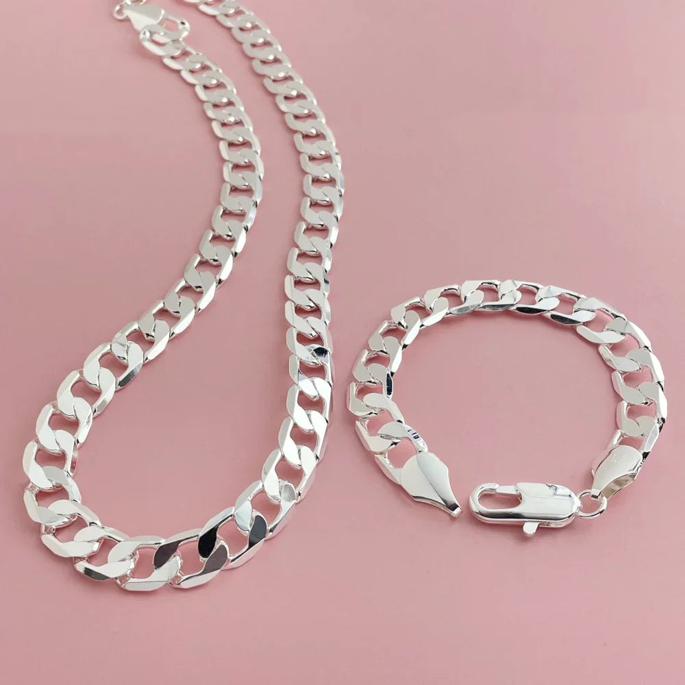 925 sterling silver 12MM side chain bracelet 23CM necklace jewelry set, suitable for men's daily wear