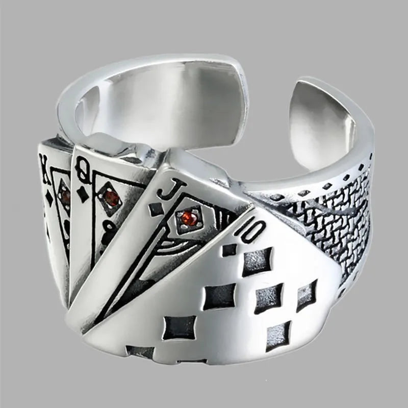 Buyee 925 Sterling Silver Unique Ring Finger Excellent Poker Open Ring for Woman Man Fashion Punk Fine Jewelry Circle with Box