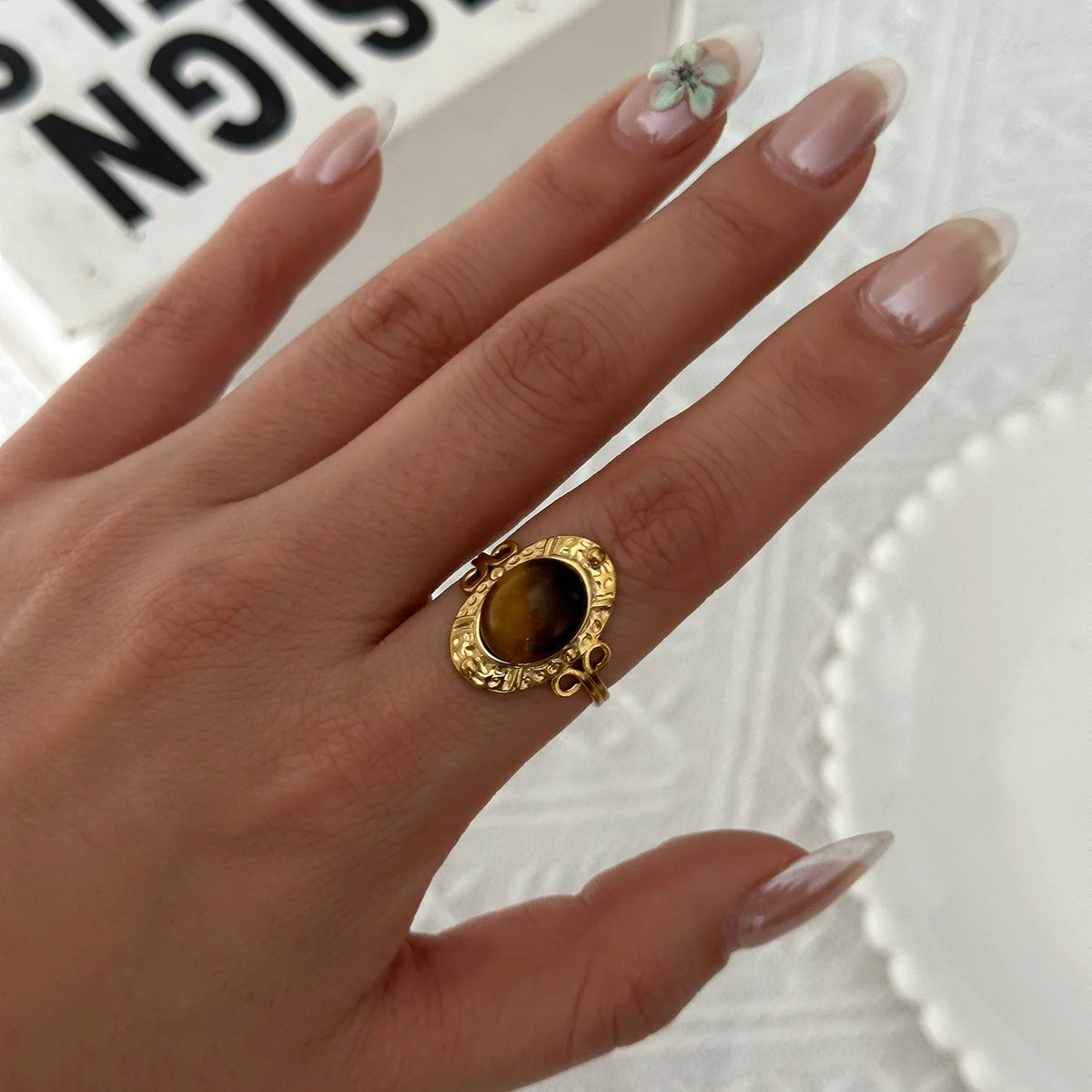 Stainless Steel French Vintage Ethnic Color Gemstone Ring for Women Punk Personality Stackable Open Finger Ring Hand Jewelry