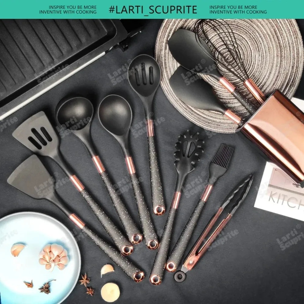Gold Plated Handle Silicone Cooking Utensils Set Kitchen Non-stick Tool Gadgets BPA FREE Kitchenware Heat Resistant Spatula Set