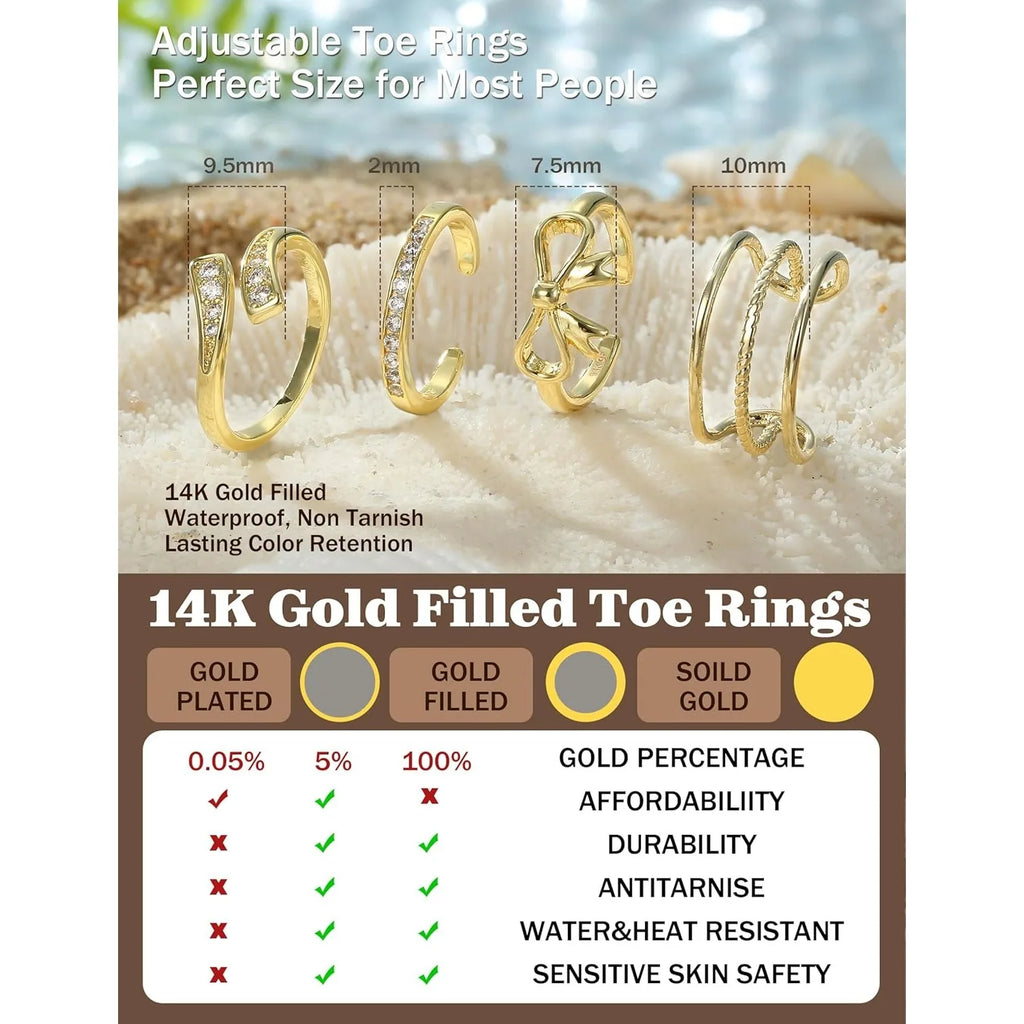 Bobisty 14K Gold Plated Toe Rings for Women Adjustable Toe Ring Non Tarnish Open Band Toe Rings CZ Bow Summer Beach Foot Jewelry